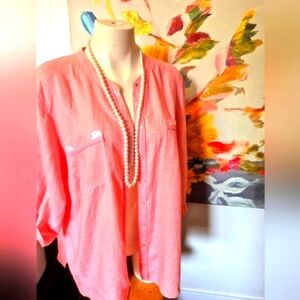 Salmon Button-Up Tunic Blouse With Delicate Accents Xl